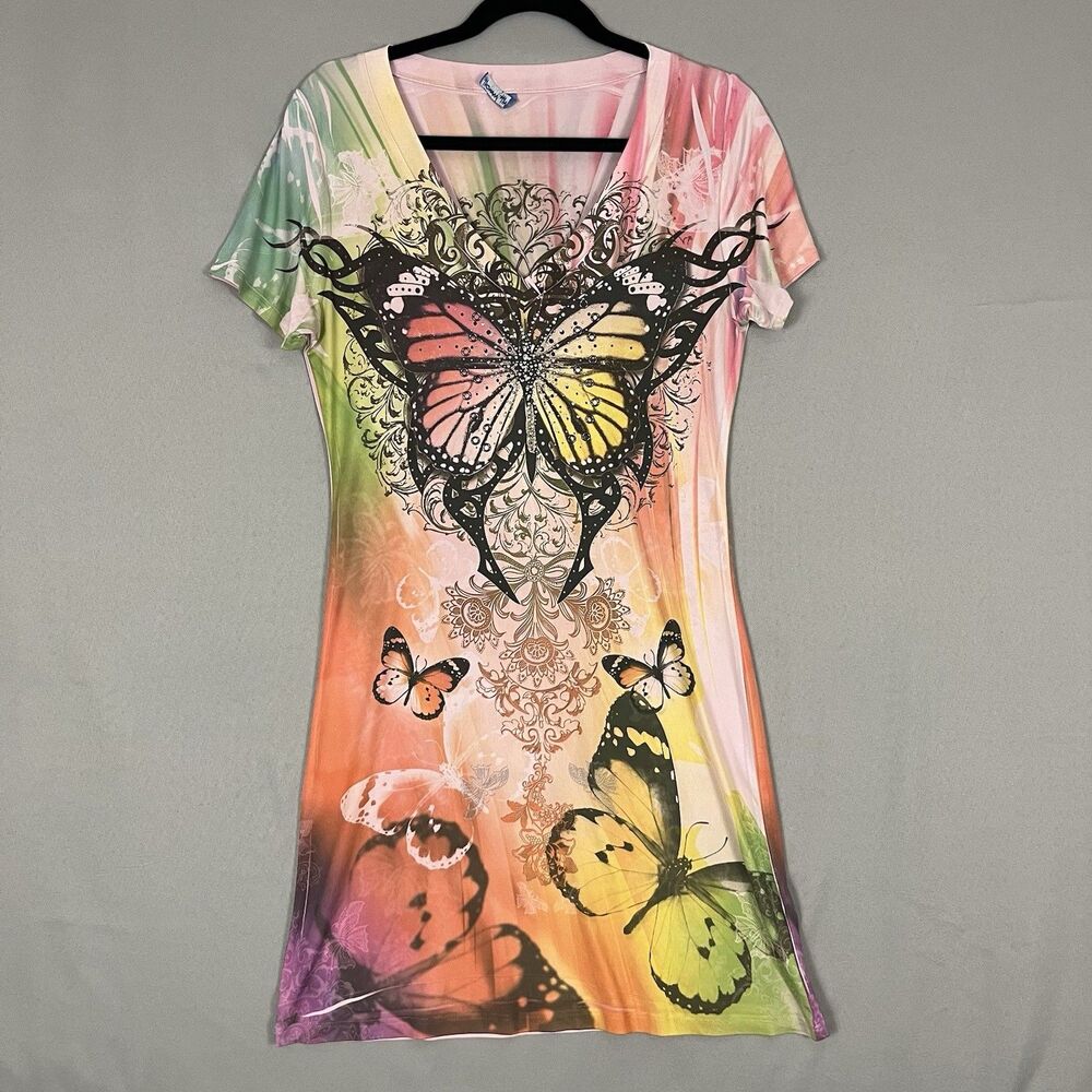 MI MANCHI Butterfly‎ Dress LG Multicolor Mixed Print Embelished Grommets Spring